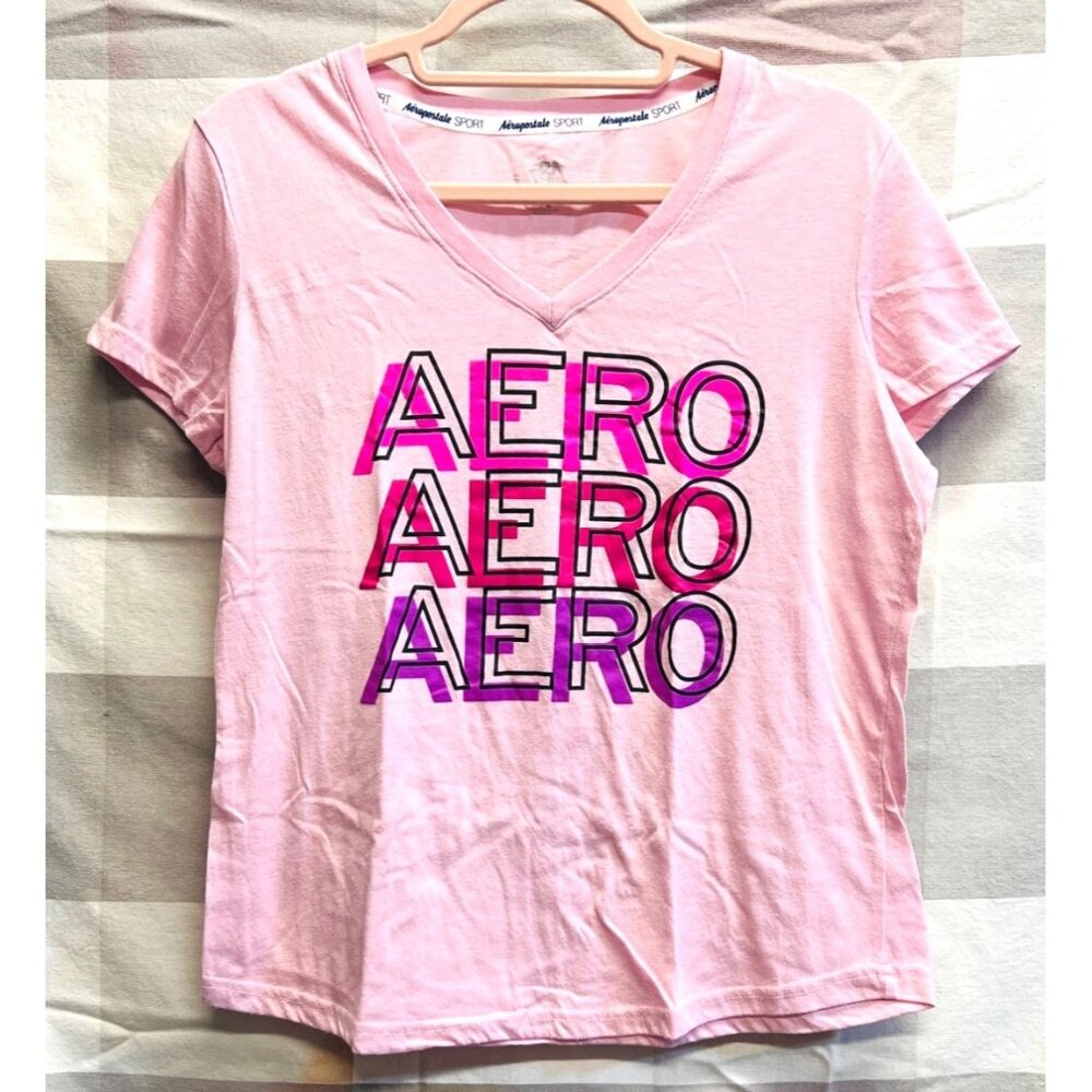 Aeropostale Sport Women's Pink V-Neck Tee T-Shirt LARGE “Aero” Graphic Comfort